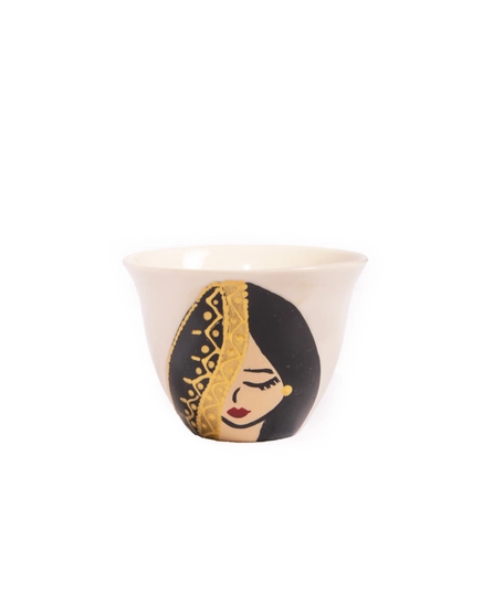 White Arabic Coffee Set with Elegant Hand Drawings - 1 Cup - Lady with Red Scarf