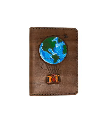 Brown Leather Passport Cover & Card Organizer with Printed Drawings