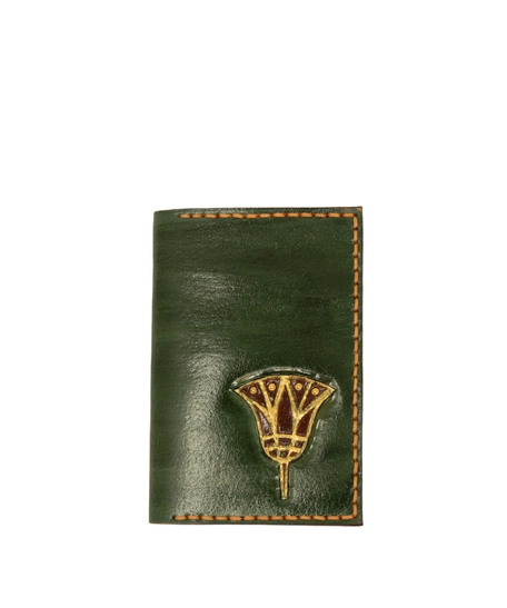 Bifold Leather Card Wallet with Printed Drawings - Green