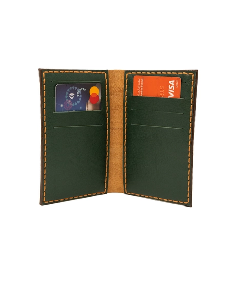 Bifold Leather Card Wallet with Printed Drawings - Green