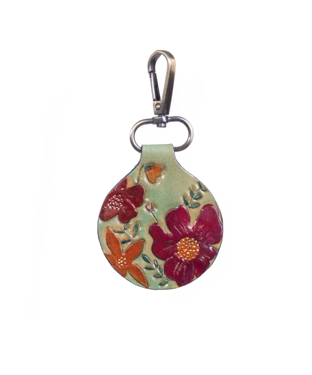 Round Leather Keychain with Printed Floral Drawings