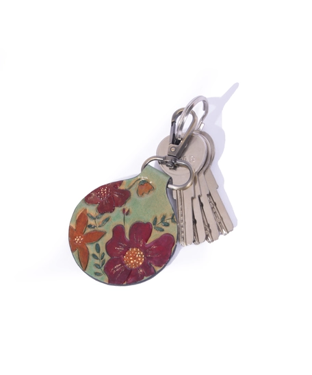 Round Leather Keychain with Printed Floral Drawings