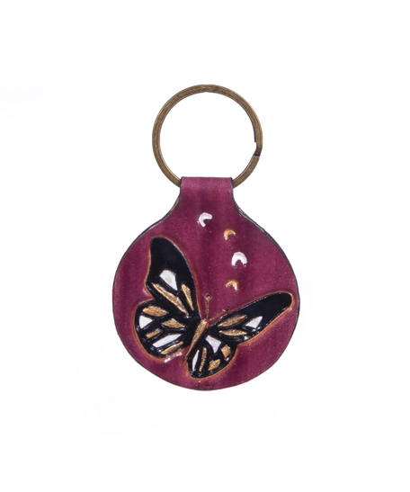 Purple Round Leather Keychain with Printed Drawings - Butterfly