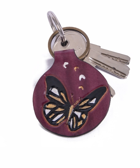 Purple Round Leather Keychain with Printed Drawings - Butterfly