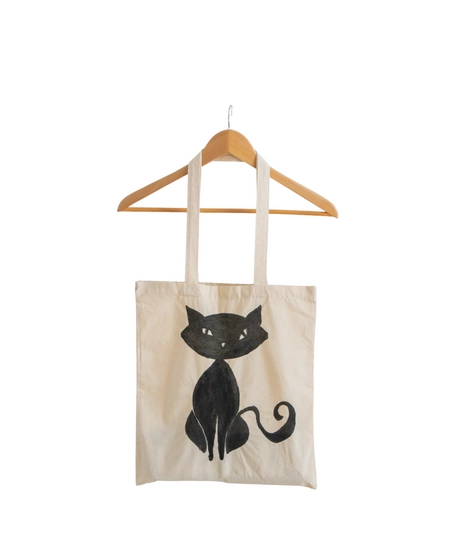 Beige Canvas Tote Bag with Hand Paintings - Black Cat