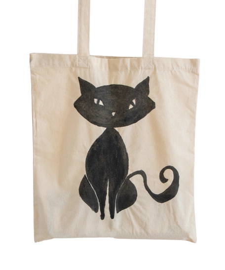 Beige Canvas Tote Bag with Hand Paintings - Black Cat