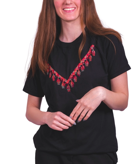 Black Women's T-Shirt with Colorful Hand Embroidery Patterns