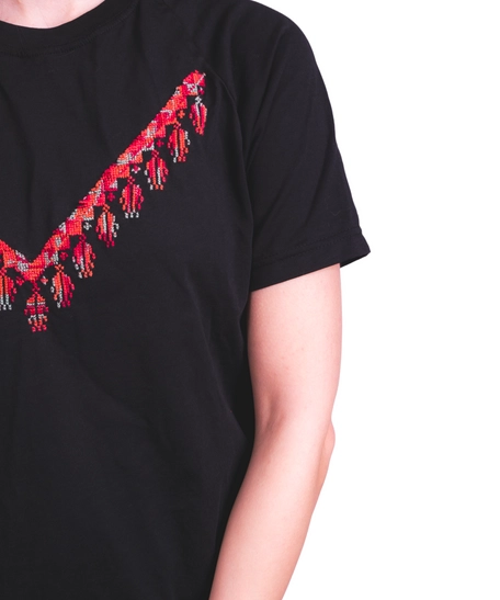 Black Women's T-Shirt with Colorful Hand Embroidery Patterns