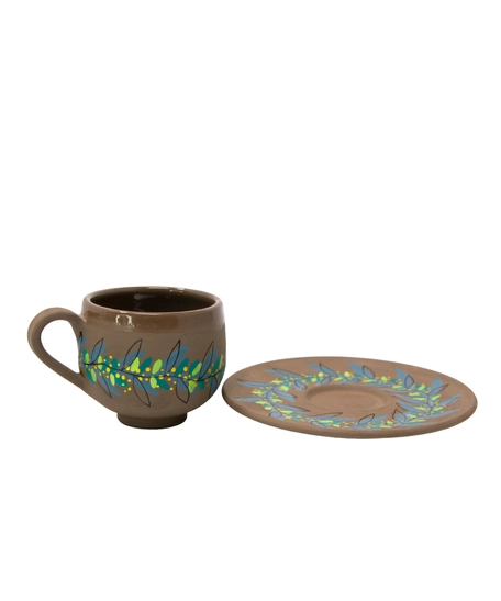 Brown Pottery Coffee Cup with Saucer - Colorful Hand Paintings