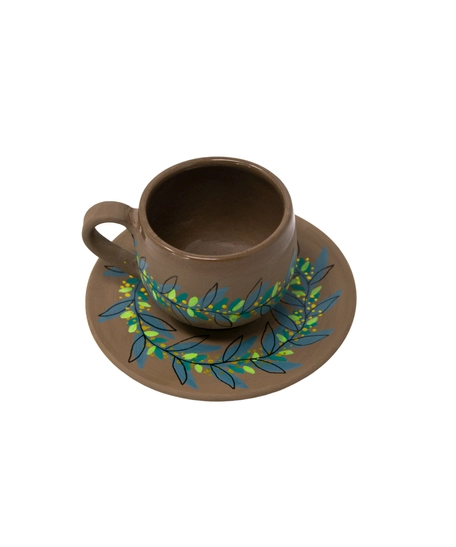 Brown Pottery Coffee Cup with Saucer - Colorful Hand Paintings