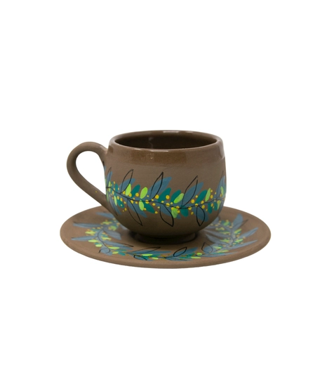 Brown Pottery Coffee Cup with Saucer - Colorful Hand Paintings