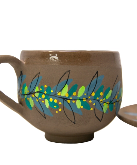 Brown Pottery Coffee Cup with Saucer - Colorful Hand Paintings