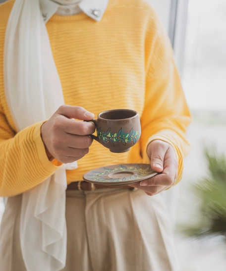 Brown Pottery Coffee Cup with Saucer - Colorful Hand Paintings