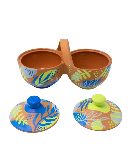 Brown Double Serving Bowl - Colorful Hand Paintings