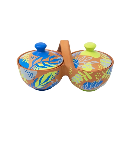 Brown Double Serving Bowl - Colorful Hand Paintings