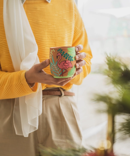 Hand-Painted Pottery Cup - Flamingo