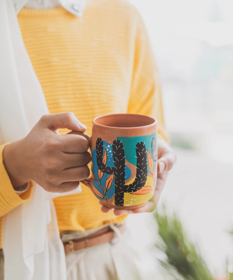 Hand-Painted Pottery Mug - Cactus