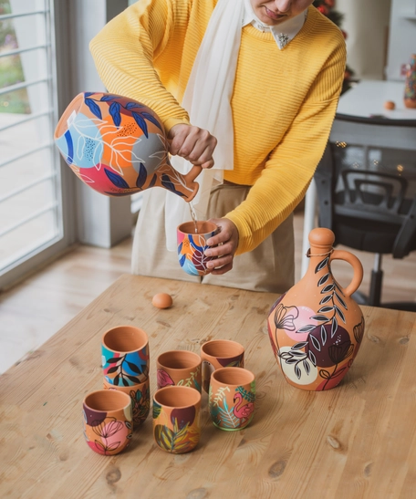 Earthenware Pottery Jar with Cup - Blue & Pink