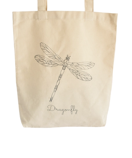 Beige Canvas Tote Bag with Printed Design - Dragonfly