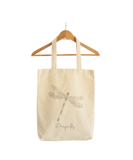 Beige Canvas Tote Bag with Printed Design - Dragonfly