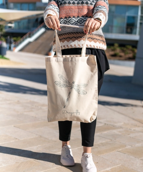 Beige Canvas Tote Bag with Printed Design - Dragonfly