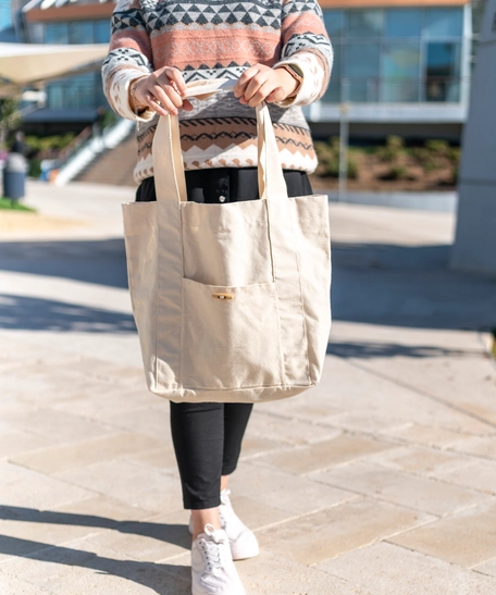 Two Pockets Beige Canvas Tote Bag