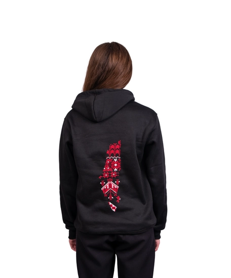 Black Hoodie with Red & White Embroidery on the Back - Palestine Map