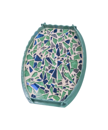 Green Oval Wooden Tray Decorated with Colorful Glass Pieces
