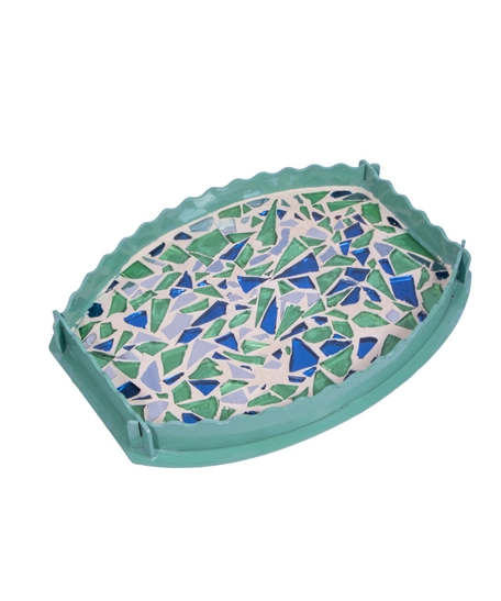 Green Oval Wooden Tray Decorated with Colorful Glass Pieces