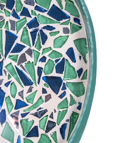 Green Oval Wooden Tray Decorated with Colorful Glass Pieces