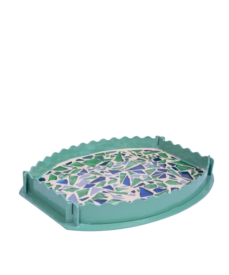 Green Oval Wooden Tray Decorated with Colorful Glass Pieces