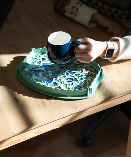 Green Oval Wooden Tray Decorated with Colorful Glass Pieces