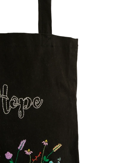 Black Canvas Tote Bag with Embroidered Floral Design - Hope