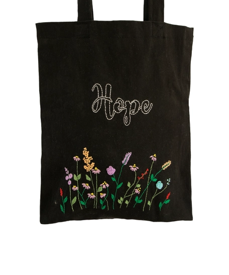 Black Canvas Tote Bag with Embroidered Floral Design - Hope