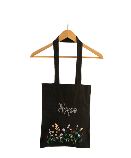 Black Canvas Tote Bag with Embroidered Floral Design - Hope