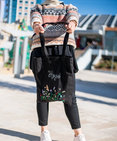 Black Canvas Tote Bag with Embroidered Floral Design - Hope