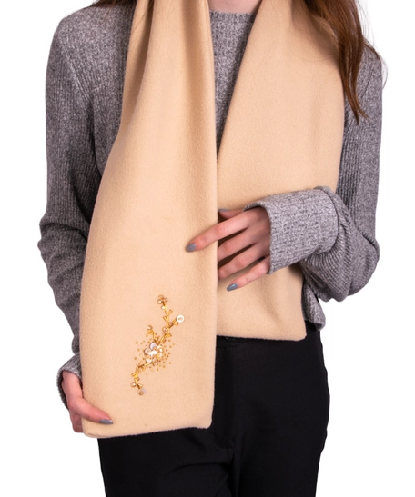 Beige Wool Beret and Scarf Set - Beaded Floral Design