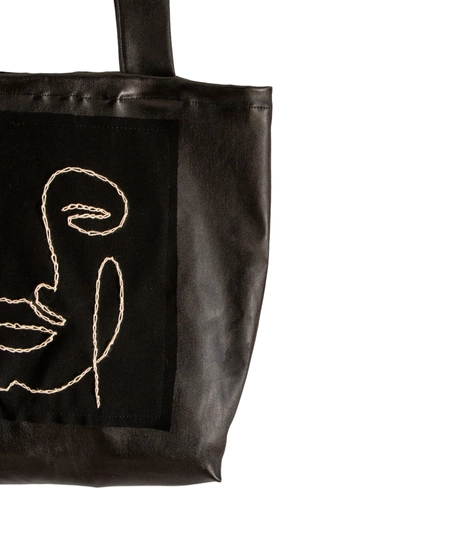 Black Leather Tote Bag with Hand Embroidery - Woman