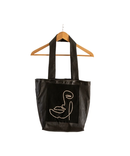 Black Leather Tote Bag with Hand Embroidery - Woman