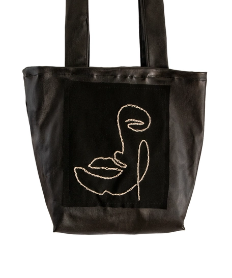 Black Leather Tote Bag with Hand Embroidery - Woman