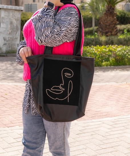 Black Leather Tote Bag with Hand Embroidery - Woman