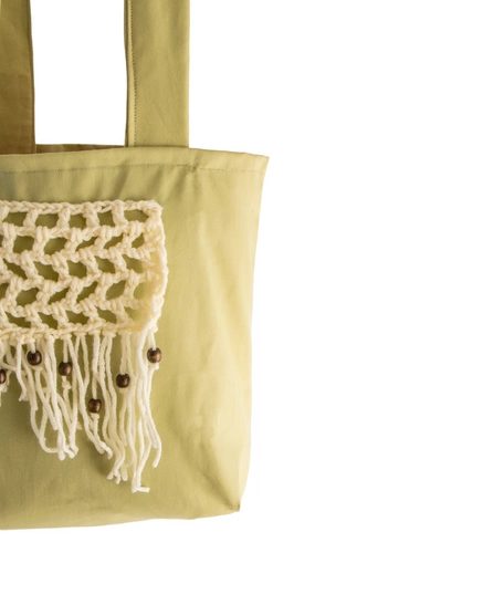 Pistachio Green Tote Bag with Off-White Macrame & Wood Art