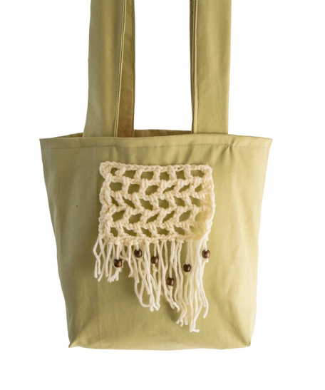 Pistachio Green Tote Bag with Off-White Macrame & Wood Art