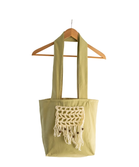 Pistachio Green Tote Bag with Off-White Macrame & Wood Art