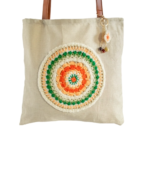 Beige Burlap Tote Bag with Crochet Decoration