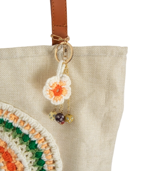 Beige Burlap Tote Bag with Crochet Decoration