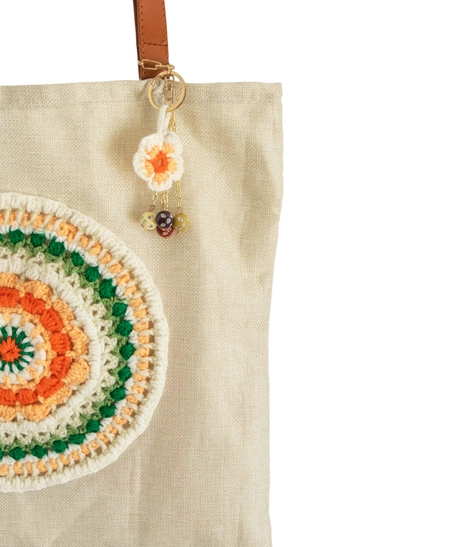 Beige Burlap Tote Bag with Crochet Decoration