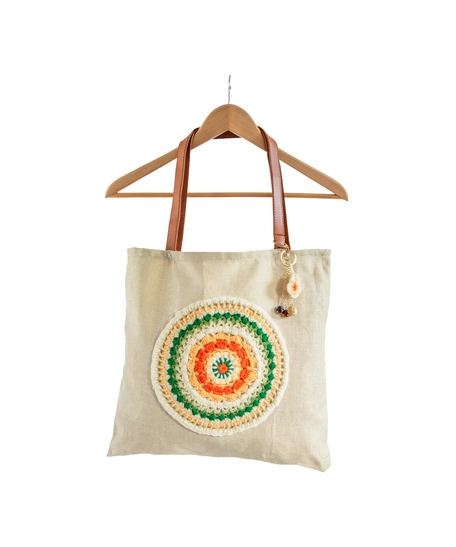 Beige Burlap Tote Bag with Crochet Decoration