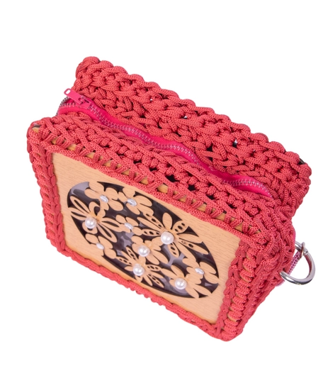 Square Bag of Pink Braided Threads & Wood 