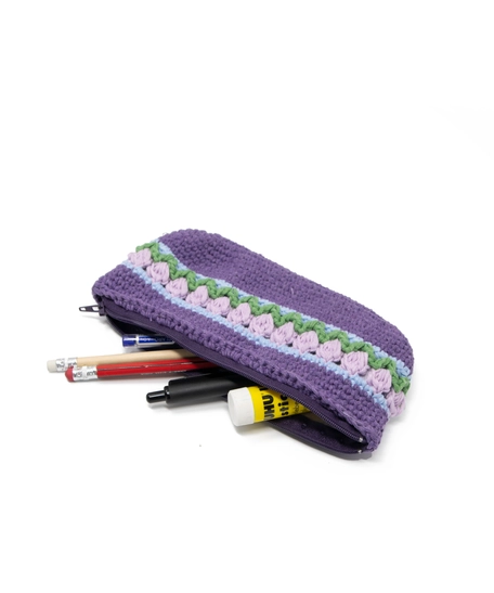 Purple Crochet Pencil Case with Colorful Floral Patterns